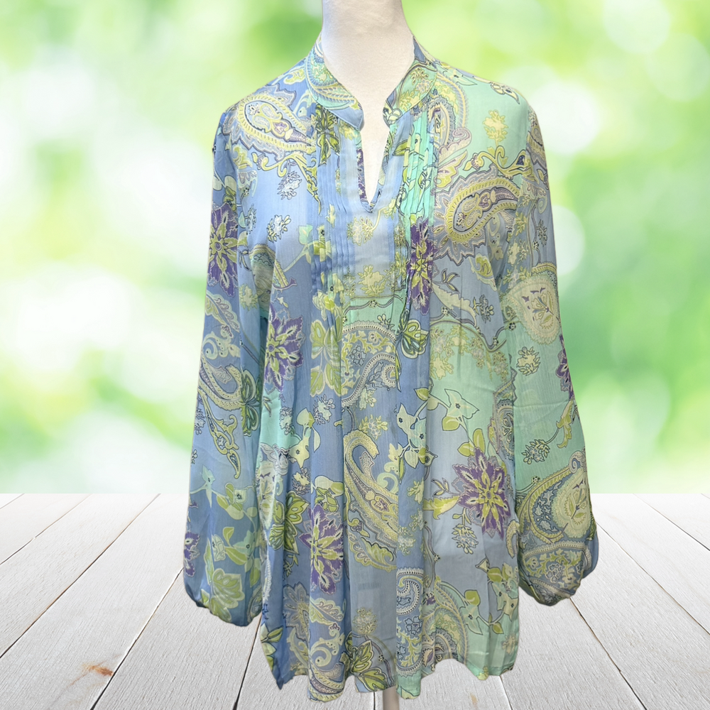 SUSAN GRAVER Boho Tunic Paisley Pintuck Split Neck Balloon Sleeve Pastel Size M